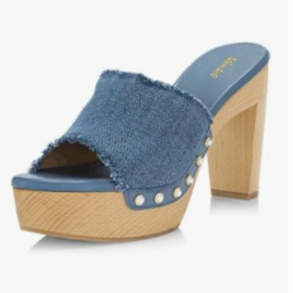 miss left Blue Denim Platform Chunky High Heel Mules Open Toe Studded Sandal - Picture 1 of 8
